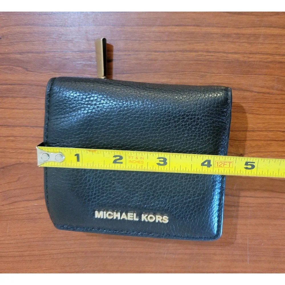 Michael Kors Black Pebbled Leather Bifold Compact Wallet Gold Logo Zipper Pocket